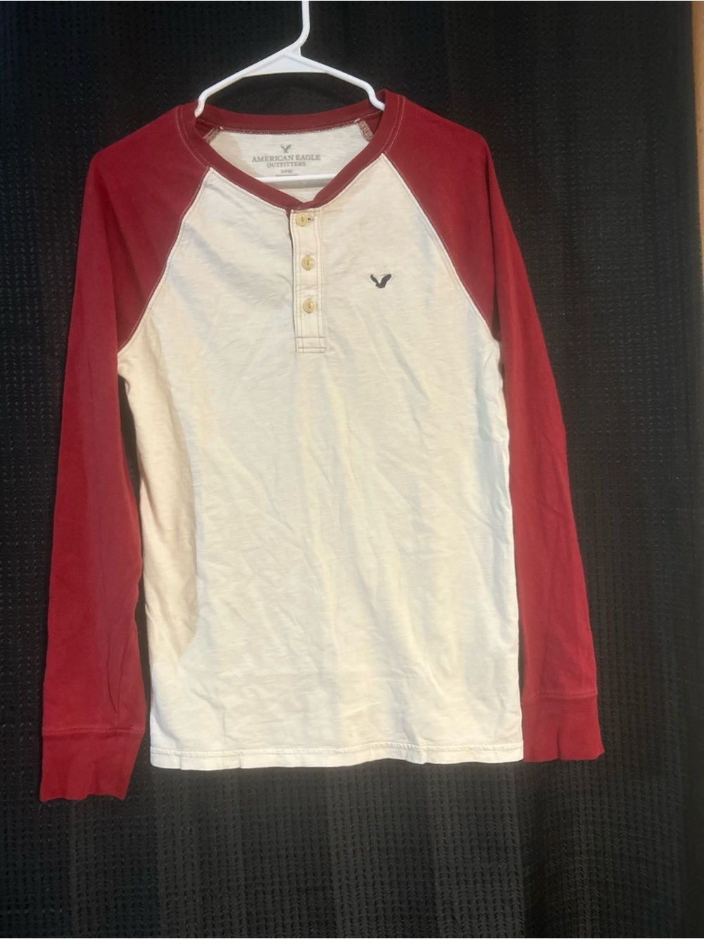 American Eagle Outfitters Cream Body with Red Raglan Long-Sleeve Henley